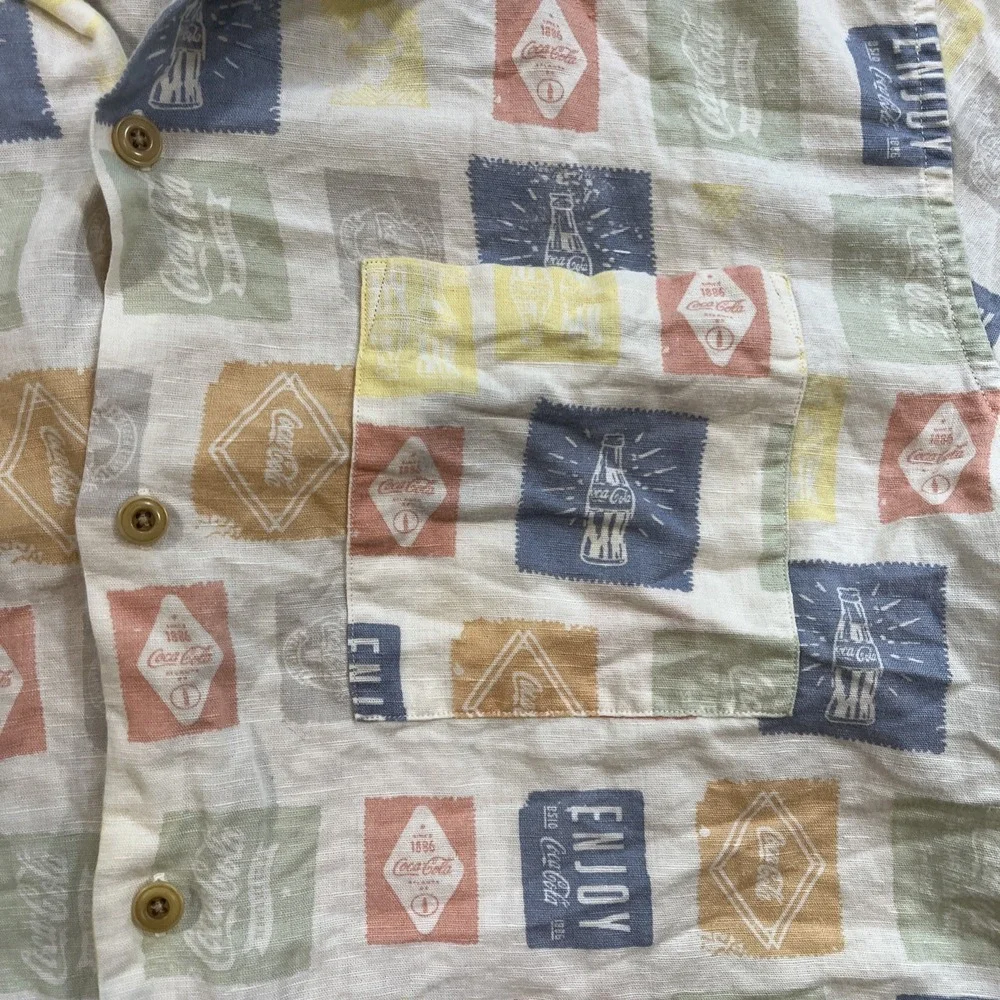 Lucky Brand Coca-Cola Shirt L Linen Button Front Short Sleeve Logo Print Allover - Picture 3 of 9